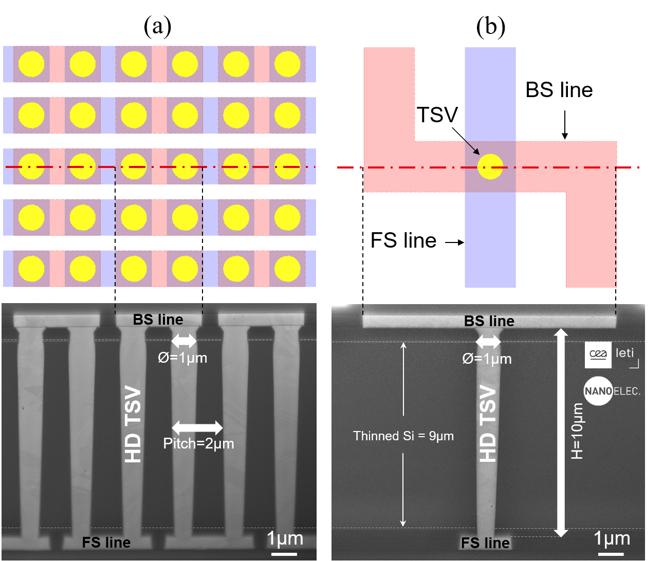 Figure 3: Layout top-views and cross-sectional SEM micrographs of 1×10μm HD TSVs in a 1L architecture: a) dense environment (2μm pitch daisychain); and b) isolated area (Kelvin structure).