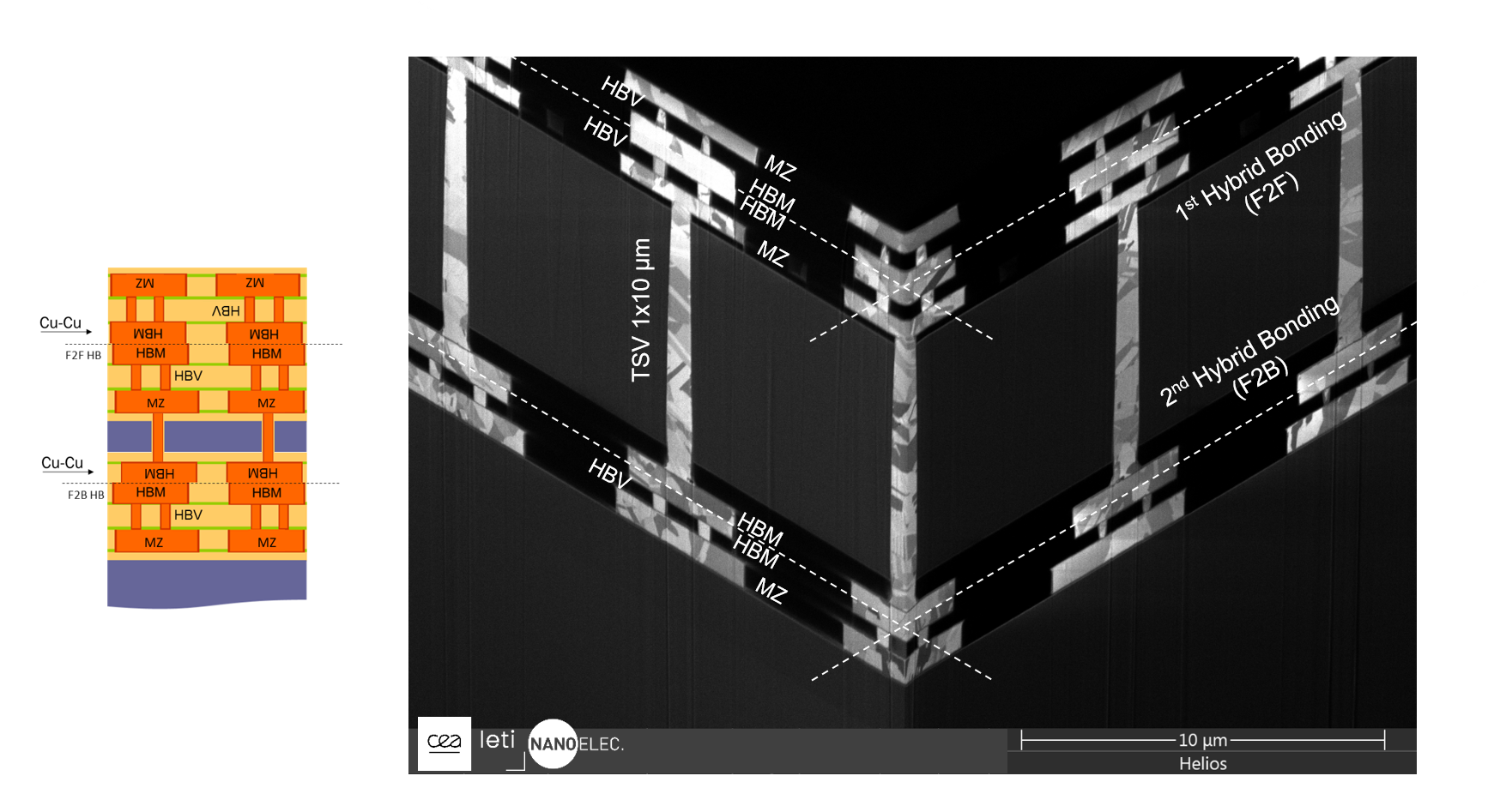 Figure 5: FIB-SEM 3D cross-section of the 3L TV structure: the pitch is 6μm for the bonding pads; and the HD TSVs’ dimensions are 1×10μm. SOURCE: CEA-Leti/L. Sanchez​​